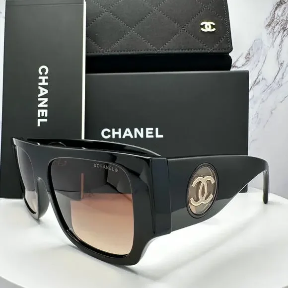 CHANEL Sunglasses Black Square Shield Gold CC Gradient Brown Lens - Picture 1 of 16
